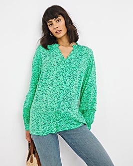 Green Print Pleated Cuff Long Sleeve Collarless Blouse