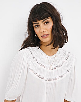 White Three Quarter Sleeve Crinkle Lace Insert Top