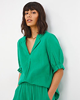 Green Short Sleeve Cheesecloth V Neck Shirt With Pleated Cuffs