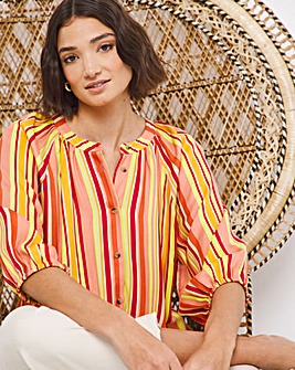 Multi Stripe Three Quarter Viscose Collarless Blouse With Mock Horn Buttons