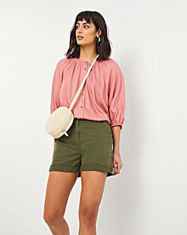 Pink Short Sleeve Viscose Collarless Blouse With Mock Horn Buttons
