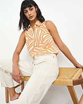Orange Print Sleeveless Zip Front Shirt