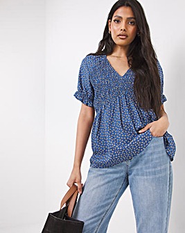 Blue Floral Shirt Sleeve Shirred Bodice Top