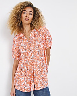 Orange Print Short Sleeve Viscose Collarless Blouse With Mock Horn Buttons