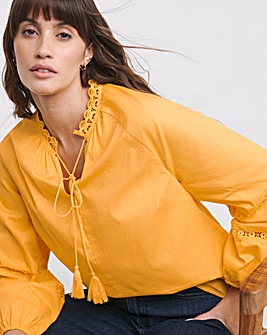 Yellow Long Sleeve Lace Trim Blouse