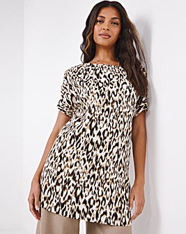 Animal Print Short Sleeve longline Boxy Top With Mock Horn Buttons