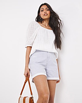 White Short Sleeve Square Neck Shirred Detail Grid Fabric Top