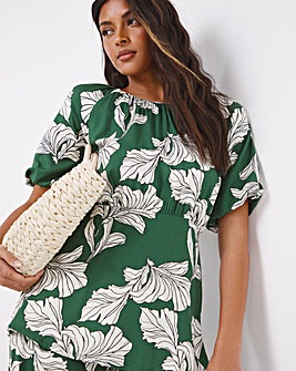 Green Tropical Print Short Sleeve Exposed Back Square Neck Swing Top