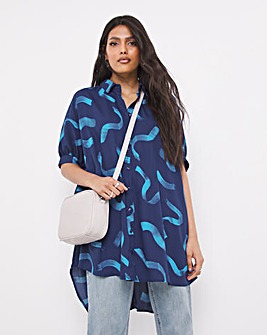 Blue Abstract Print Short Sleeve Oversized Blouse