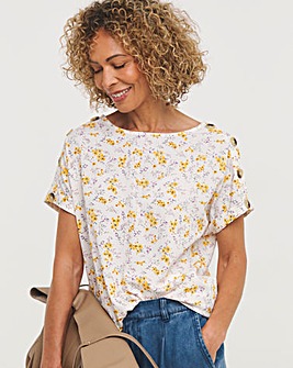 Yellow Floral Short Sleeve Longline Boxy Top With Mock Horn Buttons