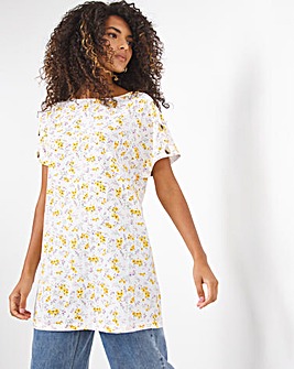 Yellow Floral Short Sleeve Longline Boxy Top With Mock Horn Buttons