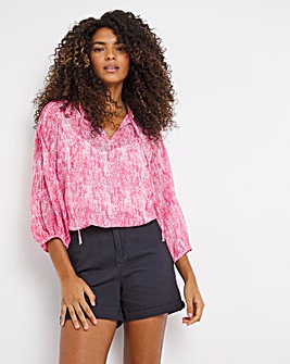 Pink Print Three Quarter Pintuck Sleeve Tie Neck Blouse With Cami
