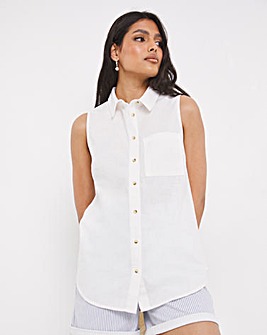 White Sleeveless Linen Shirt With Mock Horn Buttons