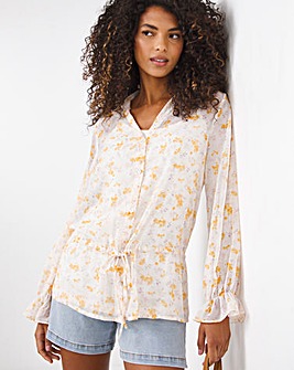 Yellow Floral Long Sleeve Drawstring Waist Sheer Shirt