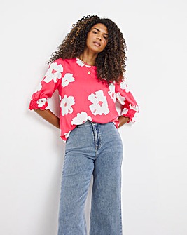 Pink Floral Shirred Cuff Puff Short Sleeve Top