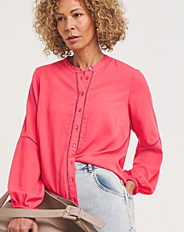 Coral Ladder Trim Long Sleeve Collarless Blouse