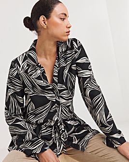 Black Print Three Quarter Sleeve Viscose Twill Drawstring Shirt