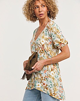 Multi Floral Short Sleeve Button Front Ladder Trim Crinkle Top