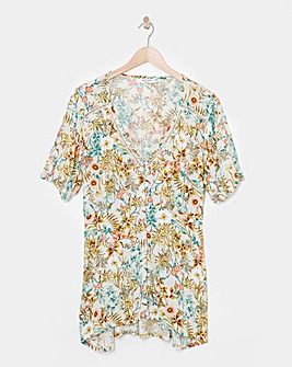 Multi Floral Short Sleeve Button Front Ladder Trim Crinkle Top