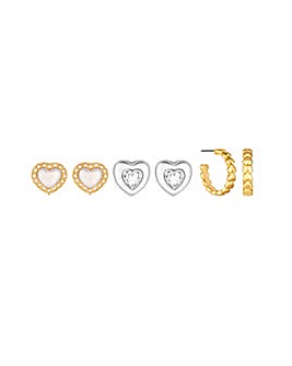 Mood Two Tone Crystal And Pearl Heart Stud Earrings - Pack of 3
