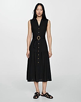 Mango Black Linen Belted Dress