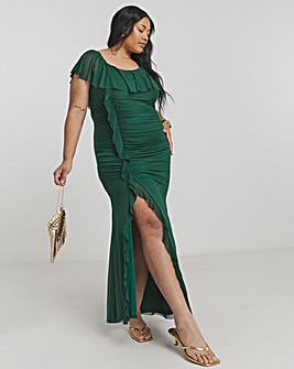 Flounce London Green Ruched Mesh Maxi Dress