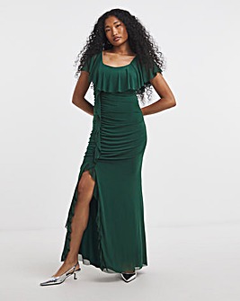 Flounce London Green Ruched Mesh Maxi Dress