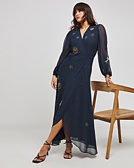 Hope & Ivy Kai Navy Embroidered Wrap Dress