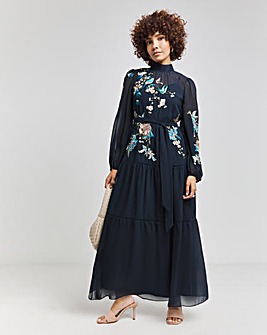 Hope & Ivy Reine Navy Embroidered Midaxi Dress