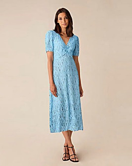 Ro&Zo Blue Dash Print Ruched Front Midi Dress