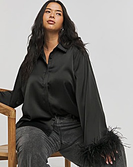 Lovedrobe Black Satin Shirt with Feather Cuffs