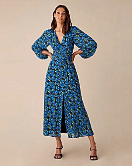 Ro&Zo Blue Floral Ruched Waist Maxi Dress