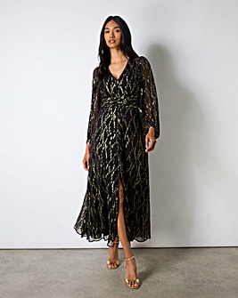 Ro&Zo Gold Foil V-Neck Midaxi Dress