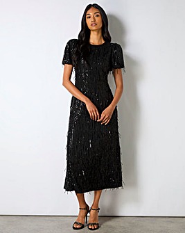 Ro&Zo Gina Black Fringe Sequin Puff Sleeve Midi Dress