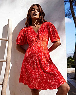 Ro&Zo Red Print Shirred Shoulder Short Dress