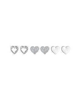 Mood Silver Polished And Crystal Heart Stud Earrings - Pack of 3