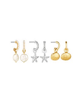 Mood Two Tone Crystal And Pearl Coastal Shell Mixed Earrings - Pack of 3