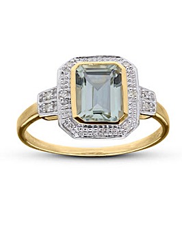 9ct Gold Green Amethyst & Dia Ring