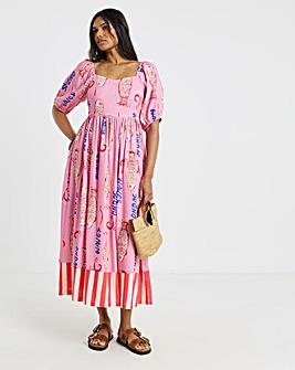 Sardine Print Linen Midi Dress