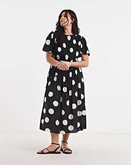 Mono Spot Print Spun Viscose Asymm Shirred Midi Dress