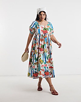 Fruit Print Cotton Midi Dress