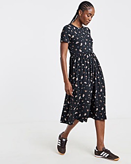 Black Ditsy Print Supersoft Midi Dress With Pockets