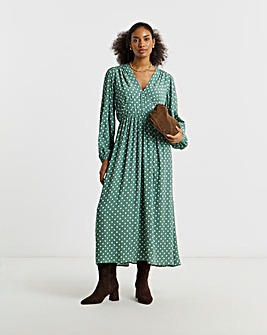 Green Spot Printed Waist Detail Midi Dress