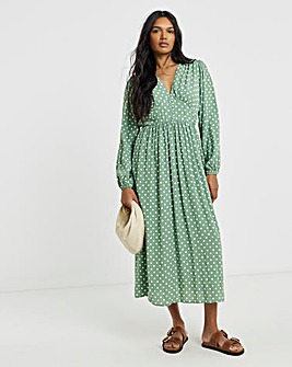 Green Spot Printed Waist Detail Midi Dress