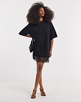 Black Lace Hem Asymmetric T-Shirt Dress
