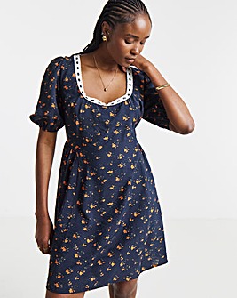 Black Floral Waist Detail Skater Dress With Ribbon Trim