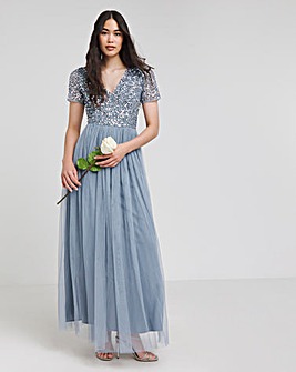 Maya V-Neck Sequin Emebllished Tulle Maxi Dress