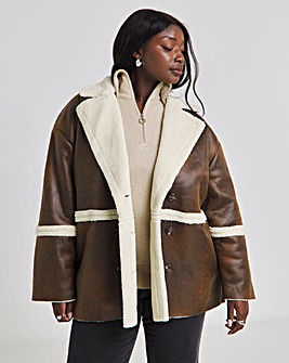 Native Youth Faux Shearling and vintage Look Vegan Leather Double Breasted Coat