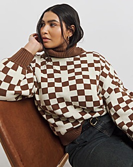 Native Youth Oversized Roll Neck Checkerboard Intarsia Jumper