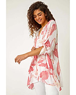 Roman Palm Print V-Neck Wrap Tunic Top